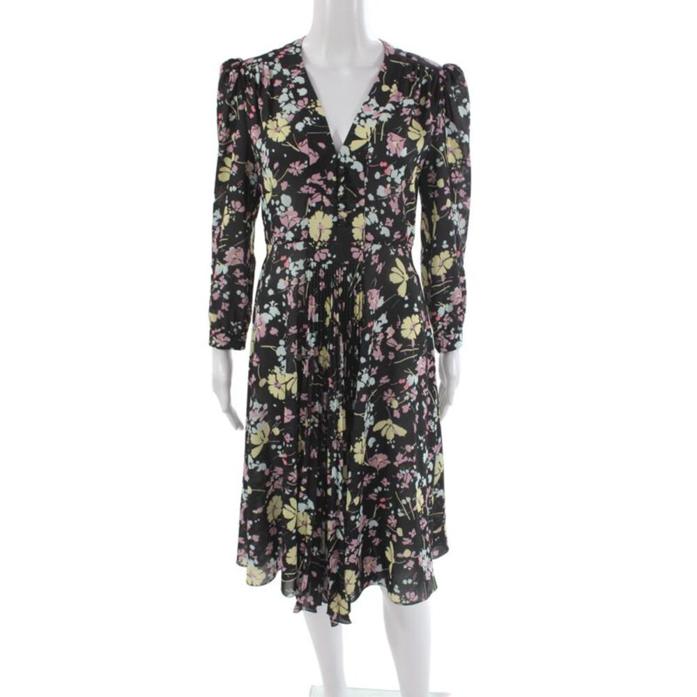 Prada Women Fit & Flare Dress Black Floral V-Neck Long Sleeve Polyester Size 42